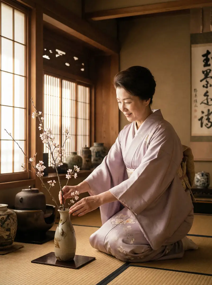 一位优雅的 环亚平台 在和室中插花