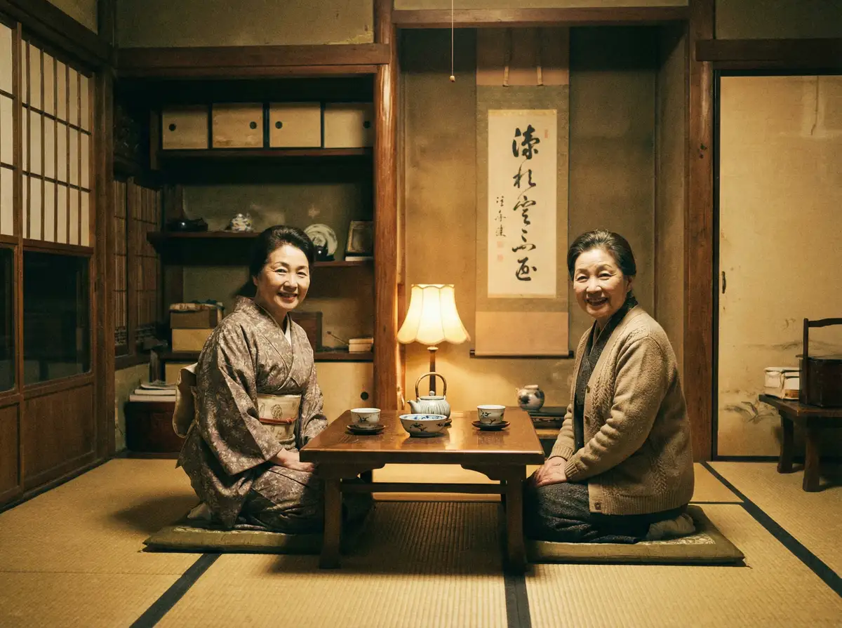 两位优雅的 环亚平台 在日式茶室中品茶交谈